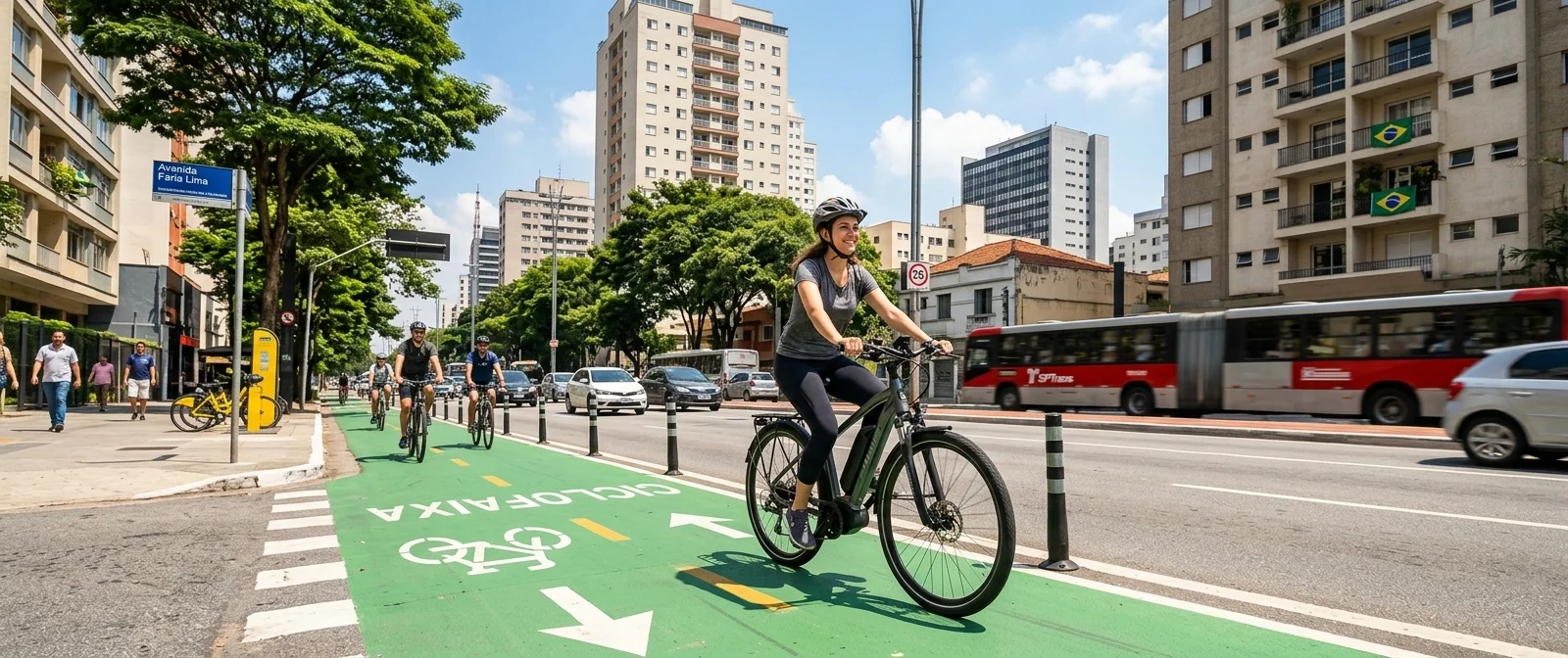 Bicicleta elétrica trafegando em ciclofaixa urbana de acordo com a lei