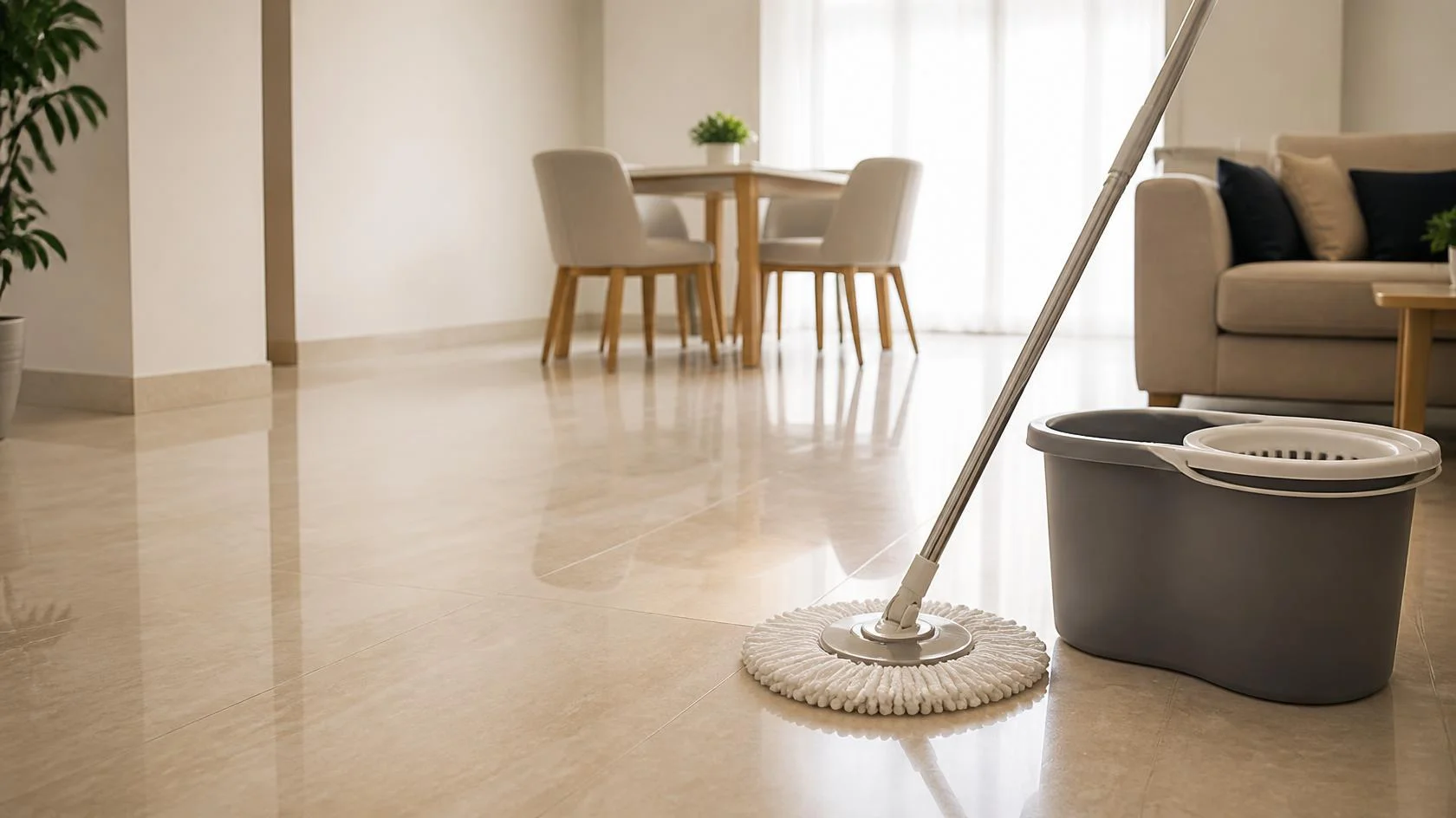 Mop giratório com balde usado para limpar piso de casa